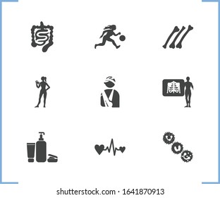 Medical icon set and x-ray with fitness, patient with bandage, leukocytes. Skeleton related medical icon vector for web UI logo design.