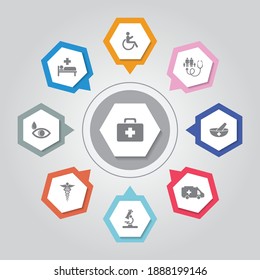 Icono médico. Iconos vectoriales planos simples montados en fondo de radiación gris