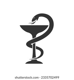 Símbolo de icono médico serpiente con ilustración vectorial de taza en signo plano de fondo blanco