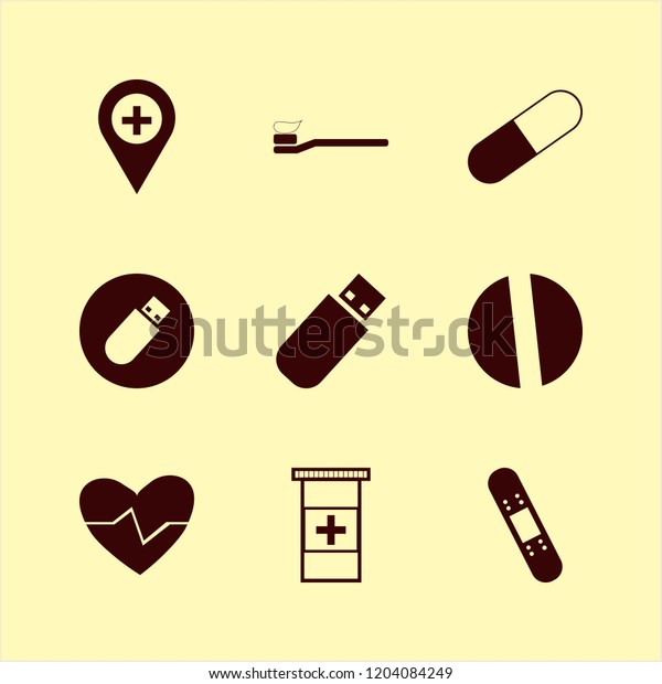 medical icon. medical vector\
icons set heartbeat, toothbrush toothpaste, pill and hospital\
location