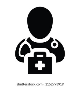 Medical icon vector male doctor person profile avatar with Stethoscope and first aid kit bag for Consultation in Glyph Pictogram illustration