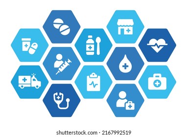 Conjunto de vectores de iconos médicos. Infografía de la colección de la sanidad y la ilustración del símbolo de la medicina.