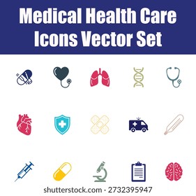 Conjunto de vetores de ícones médicos com coração, pulmões, DNA, cérebro e equipamentos de saúde como estetoscópio, seringa e ambulância. Símbolos de design plano para clínica e web.