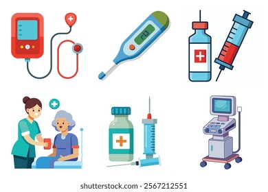 Medical icon vector set hospital elements signs. medicine, ambulance, doctor, nurse, stethoscope, patient, prescription symbol design