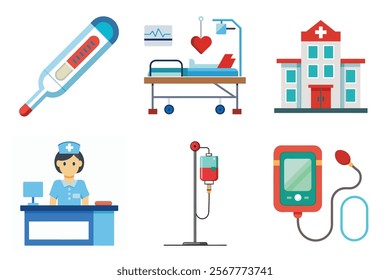 Medical icon vector set hospital elements signs. medicine, ambulance, doctor, nurse, stethoscope, patient, prescription symbol design