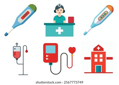 Medical icon vector set hospital elements signs. medicine, ambulance, doctor, nurse, stethoscope, patient, prescription symbol design