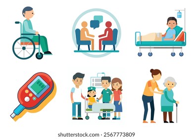 Medical icon vector set hospital elements signs. medicine, ambulance, doctor, nurse, stethoscope, patient, prescription symbol design