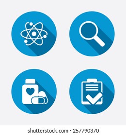 Medical Icons. Atom, Magnifier Glass, Checklist Signs. Medical Heart Pills Bottle Symbol. Pharmacy Medicine Drugs. Circle Concept Web Buttons. Vector