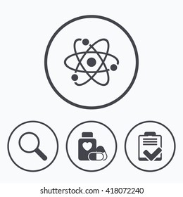 Medical Icons. Atom, Magnifier Glass, Checklist Signs. Medical Heart Pills Bottle Symbol. Pharmacy Medicine Drugs. Icons In Circles.