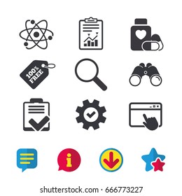 Medical icons. Atom, magnifier glass, checklist signs. Medical heart pills bottle symbol. Pharmacy medicine drugs. Browser window, Report and Service signs. Binoculars, Information and Download icons