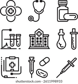 Medical icons in black Healthcare and Medicine Thin line vector icon set Medical Line Icon Set contains Stethoscope, Ambulance Healthcare thin line vector icon set Pixel perfect