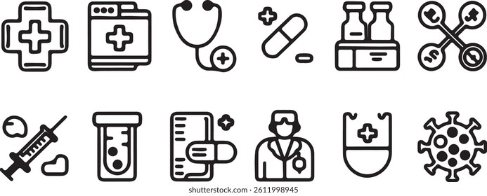 Medical icons in black Healthcare and Medicine Thin line vector icon set Medical Line Icon Set contains Stethoscope, Ambulance Healthcare thin line vector icon set Pixel perfect