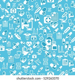 Medical Icons Blue Background. Medicine Symbols Seamless Pattern. Vector Illustration