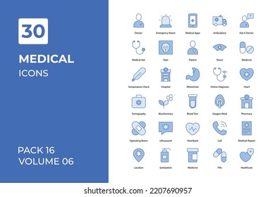 Sammlung medizinischer Symbole. Stellen Sie Vektorgrafik mit Elementen für mobile Konzepte und Web-Apps ein. Sammlung moderner Symbole.