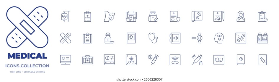 Medical icons collection. Thin Line icons, editable stroke. pregnancy, syringe, electroencephalogram, bones, medicine, pill, hospital sign, medication.