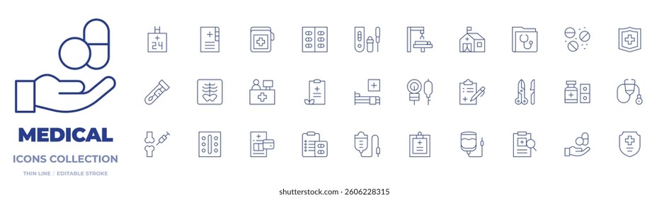 Medical icons collection. Thin Line icons, editable stroke. injection, rapid test, medicine, cytology, medical, pills, healthcare, hospital bed, stethoscope