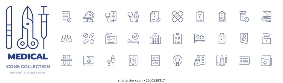 Medical icons collection. Thin Line icons, editable stroke. bed, medicine, vaccine, pills, mri, sonography, medical report, medical history, medical, x ray.