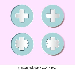 Icônes médicales avec une croix de soins médicaux d'urgence. Boutons en relief ronds. Signes blancs sur fond bleu rond. Les boutons sont convexes et concaves. Collection d'icônes 3D réalistes.  Coupe de papier. 