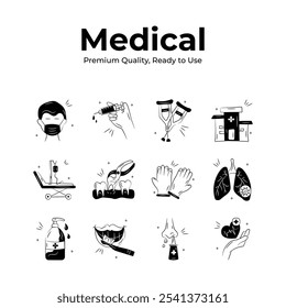 Medical icons depicting various healthcare tools and procedures in a simplistic style.