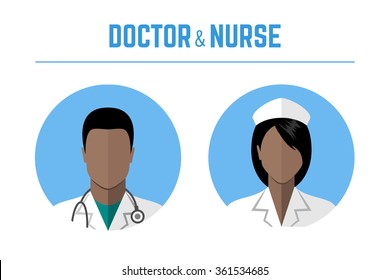 Medical Icons. Doctor And Nurse Of African American Ethnic People Avatars. Flat Style Design