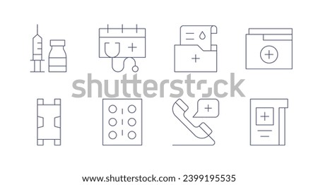 Medical icons. Editable stroke. Containing vaccine, stretcher, medical care, medication, medical history, medical report, folder, emergency call.