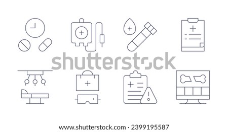 Medical icons. Editable stroke. Containing medicine, operating room, blood donation, medical services, medical form, x ray, blood test, health report.