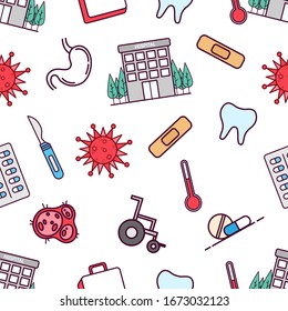 iconos o elementos médicos en un patrón transparente con estilo de doodle de color