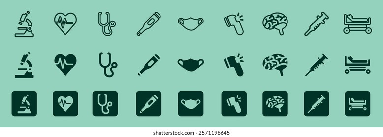 Medical icons featuring microscope, stethoscope, syringe, and brain. Health symbols like mask and stretcher. Perfect for healthcare, medical, and hospital themes. User interface icon vector set.