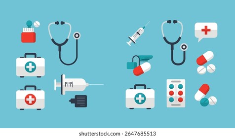 Ícones médicos com estetoscópios, seringas, kits de primeiros socorros com cruzes, comprimidos, cápsulas e uma embalagem blister, tudo em um estilo de vetor plano.