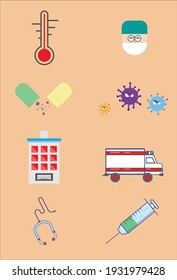 Medical icons flat design.Illustration includes stethoscope,pills,syringe,thermometer,male doctor,ambulance,virus,hospital icons.Health vectors. 