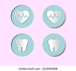 Icônes médicales avec coeur avec cardiogramme et dent. Boutons en relief ronds. Signes blancs sur fond bleu rond. Les boutons sont convexes et concaves. Collection d'icônes réalistes.  Coupe de papier. 