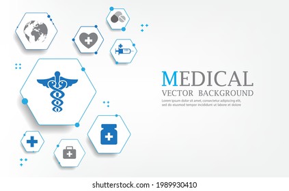 Medical icons in hexagon geometric shape.vector white background.