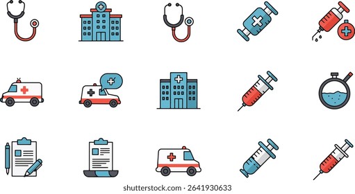 Medical Icons Hospital, Ambulance, Syringe, Stethoscope Illustrations