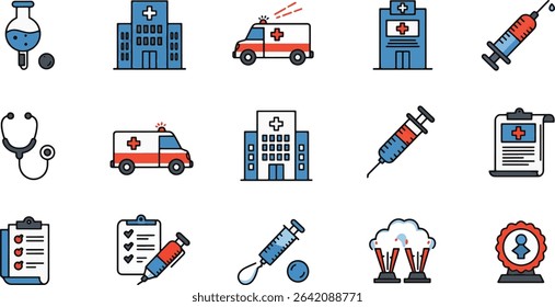 Medical Icons Hospital, Ambulance, Syringe, Stethoscope Illustrations