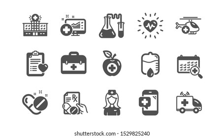 Medical icons. Hospital assistance, Health food diet and Laboratory. Chemistry classic icon set. Quality set. Vector