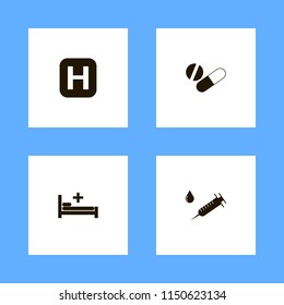 medical icons. hospital bed, hospital sign, tablet capsule and syringe vector icons set