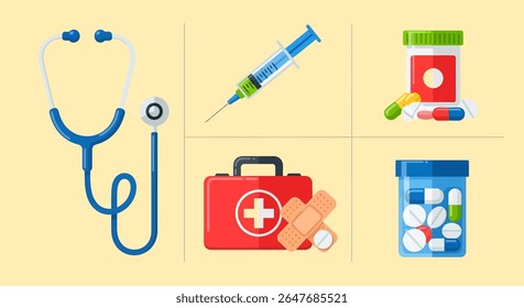Ícones médicos incluindo um estetoscópio azul, uma seringa com líquido verde, um kit de primeiros socorros vermelho e dois frascos de comprimidos com várias pílulas e cápsulas.