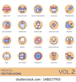 Medical icons including heart rate, diet, weight, ayurvedic, thermometer, bone fracture, podiatry, optometry, dental, orthopedic, endocrinology, urology, art therapy, frequency, crutches, disabled.