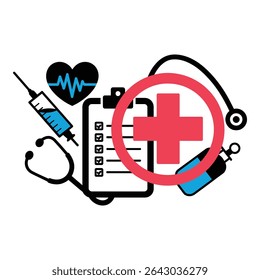 Medical icons including stethoscope syringe and heart isolated on white