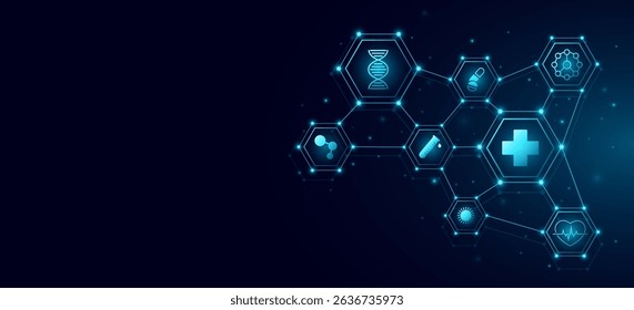 Medical icons inside pattern of glowing connected hexagons for scientific research presentation background. Innovation health care plan concept. Vector illustration