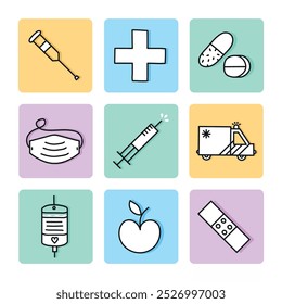 Medical icons for kids vector line drawing illustration