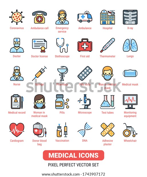 Medical icons kit. Health and medicine symbols\
- simple thin line web icon set. Color version of a vector\
illustration on white\
background