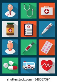 Medical icons with long shadows. Health care, Pills, Cross Symbols. Design elements. Flat design. Vector Illustration