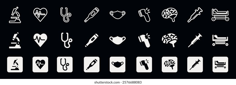 Medical icons: microscope, heart, stethoscope, crutch, thermometer, brain, syringe, stretcher. Repeated medical symbols for healthcare themes. User interface icon vector set.