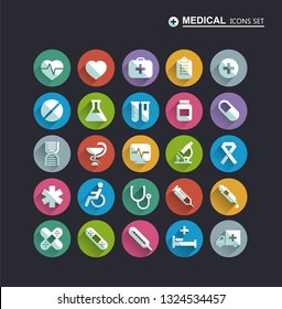 Medical Icons on Circular Colored Buttons. - Vector. Web design elements about medicine. Cartoon style