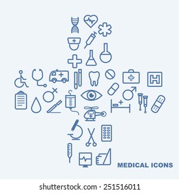 medical icons on light blue background