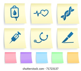 Iconos médicos en la colección de papel de notas de publicación Ilustración original