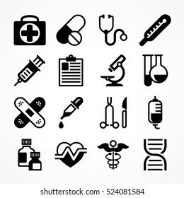 Medical icons on white background. Medicine symbols in grey. Vector illustration