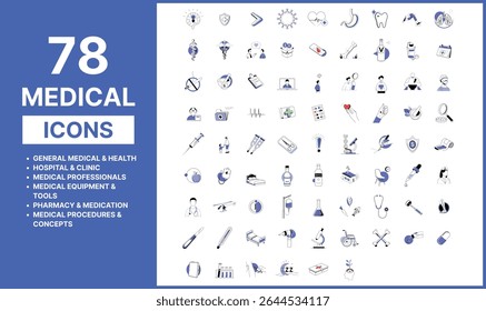 Medical Icons Pack, Comprehensive Collection for Healthcare, Hospital, Pharmacy, and Science. Vector Symbols for Wellness and Professionals.