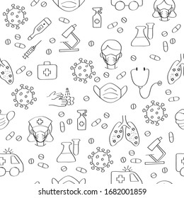 Medical icons pattern. Coronovirus prophylaxis, disinfection. Thin black lines. Contour collection of health signs, medicines, medical supplies. Vector seamless endless background.